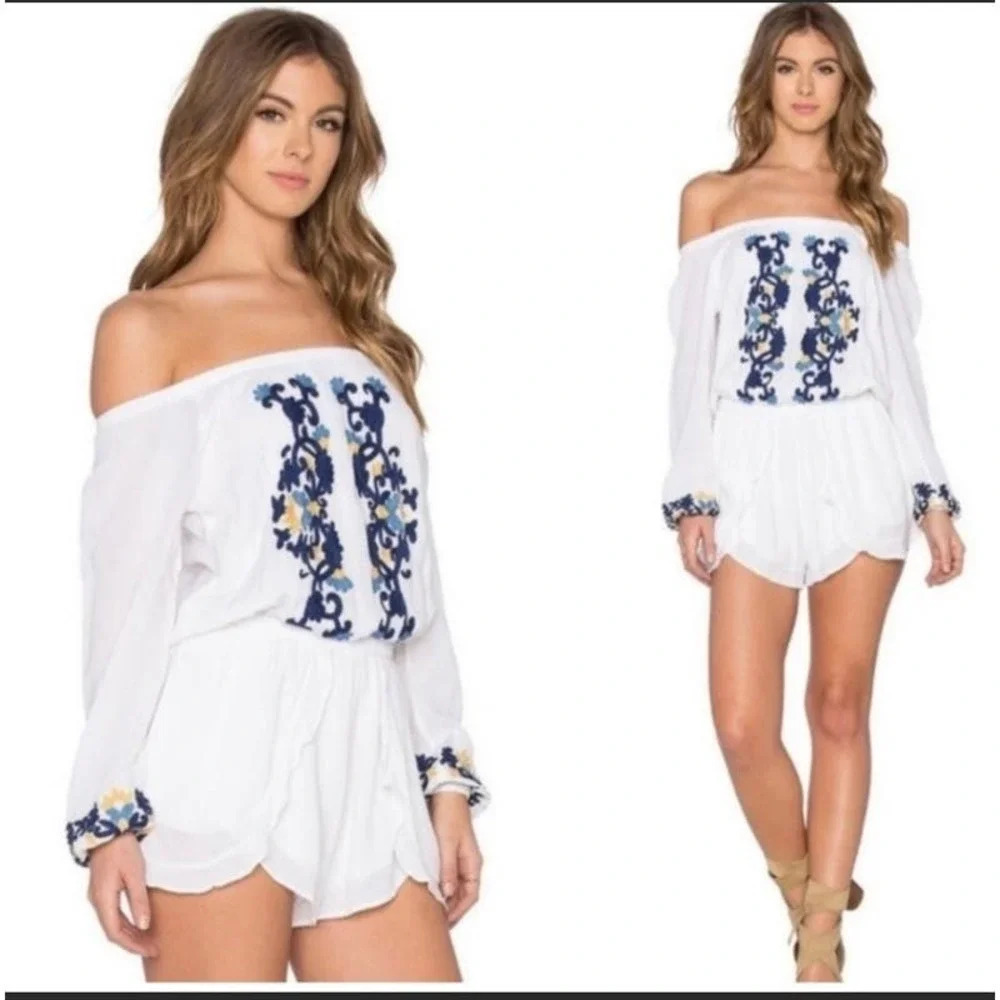 Lovers + Friends Carmela white navy yellow floral embroidered romper sz S